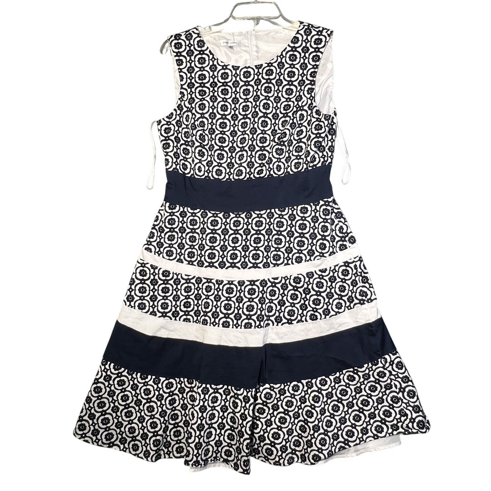 Jones Studio Women's Size 8 Navy Blue White Geometric Floral Print Sleeveless